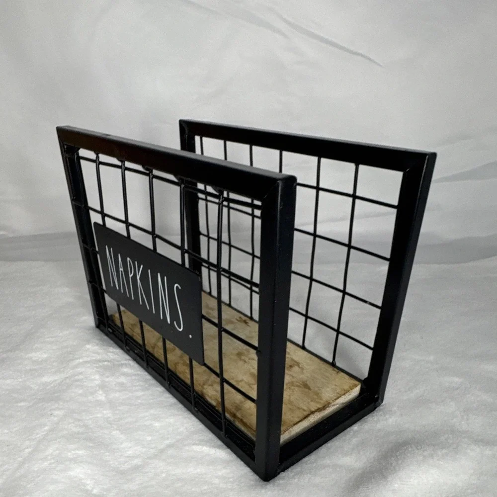 Rae Dunn NAPKINS Black Metal Wire & Wood Napkin Holder, Freestanding